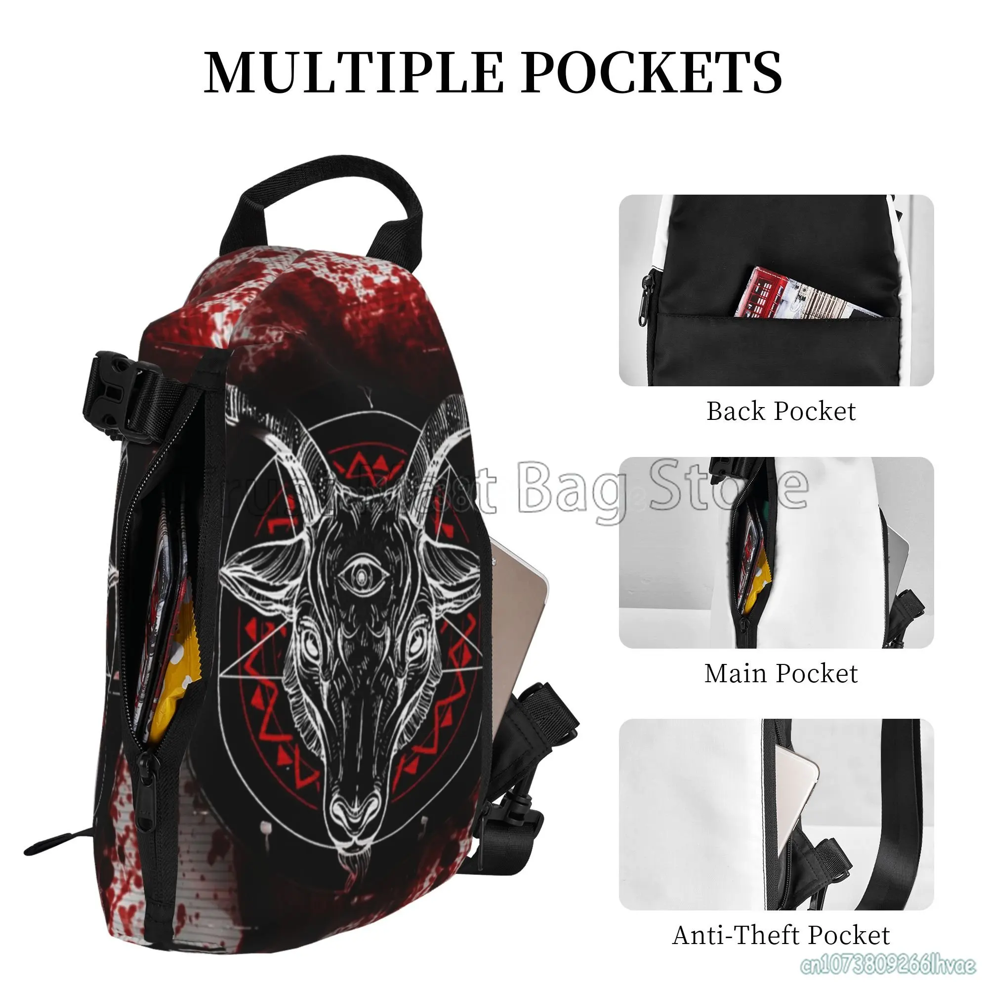 Pentagramma Baphomet Satanic testa di capra Skull Sling Bag Casual Crossbody Travel escursionismo petto zaino una spalla Daypack per gli uomini