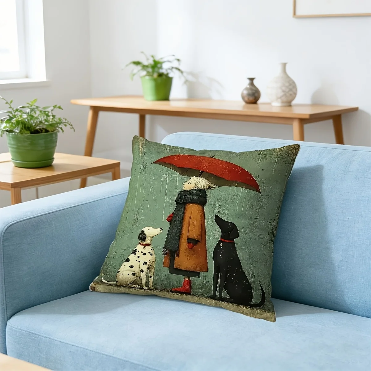 Double Sided Printed Cute Girl with Dogs Umbrella Pillow Cover Vintage Art Print Soft Throw Pillow Case for Pet Lover Home Decor