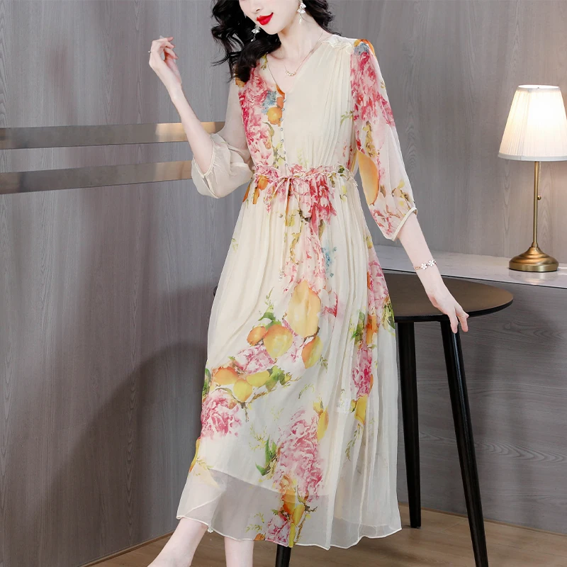 

2023 Summer Women's Apricot Silk Short Sleeve Dress Flower Print Long Dress Loose Large V-Neck Knee Length Belt Slim Robe