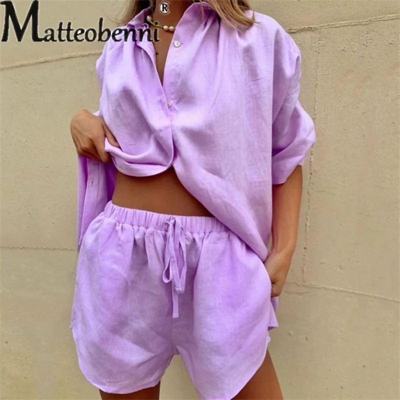 

Fashion Simple Style Cardigan Single Breasted Shirt Women's Suit Summer Casual Loose Waist Lace-up Shorts Solid Color Female Set