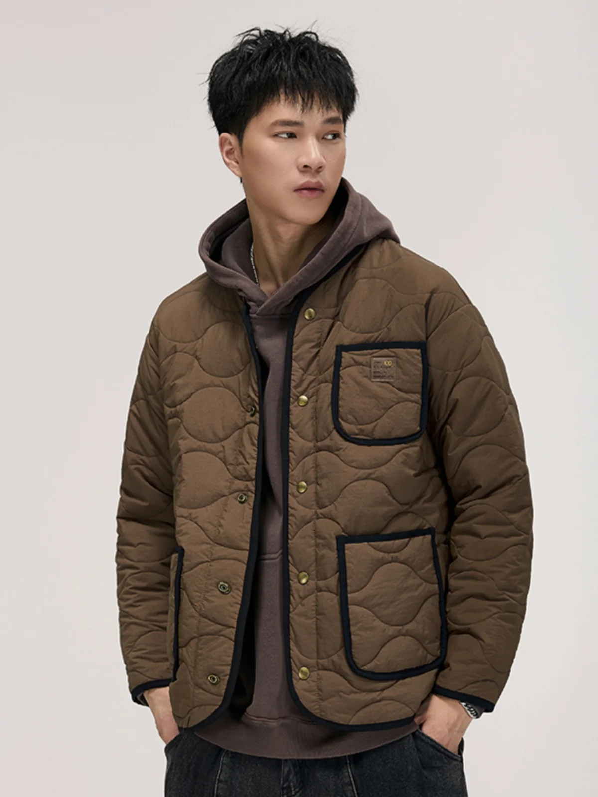 

American Retro Color Blo Thiened Cotton Jaet Men's Winter Loose Large Size Quilted Simulation Feather Coat Multi-ket