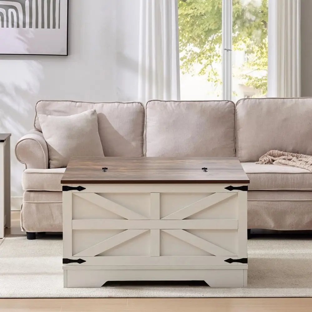 

Rustic White Farmhouse Coffee Table with Hinged Lift Top and Ample Hidden Storage