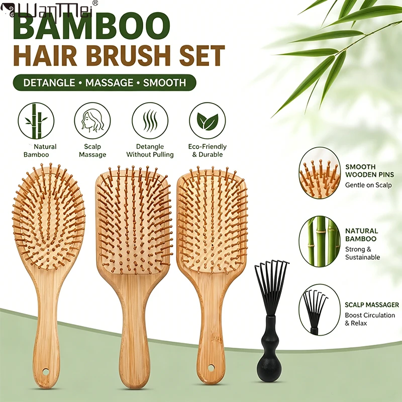 2Pcs Natural Bamboo Paddle Hairbrush Set with Cleaning Tool 