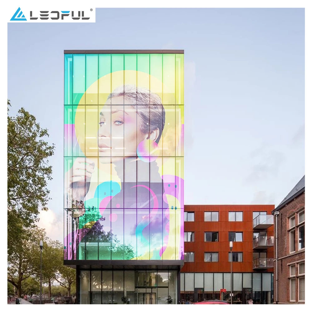 P3.91 P4 P7.81 P6.25 P8 P10  Remote Content Management Urved Curtain Transparent Mesh Film LED Screen Display in Glass Wall