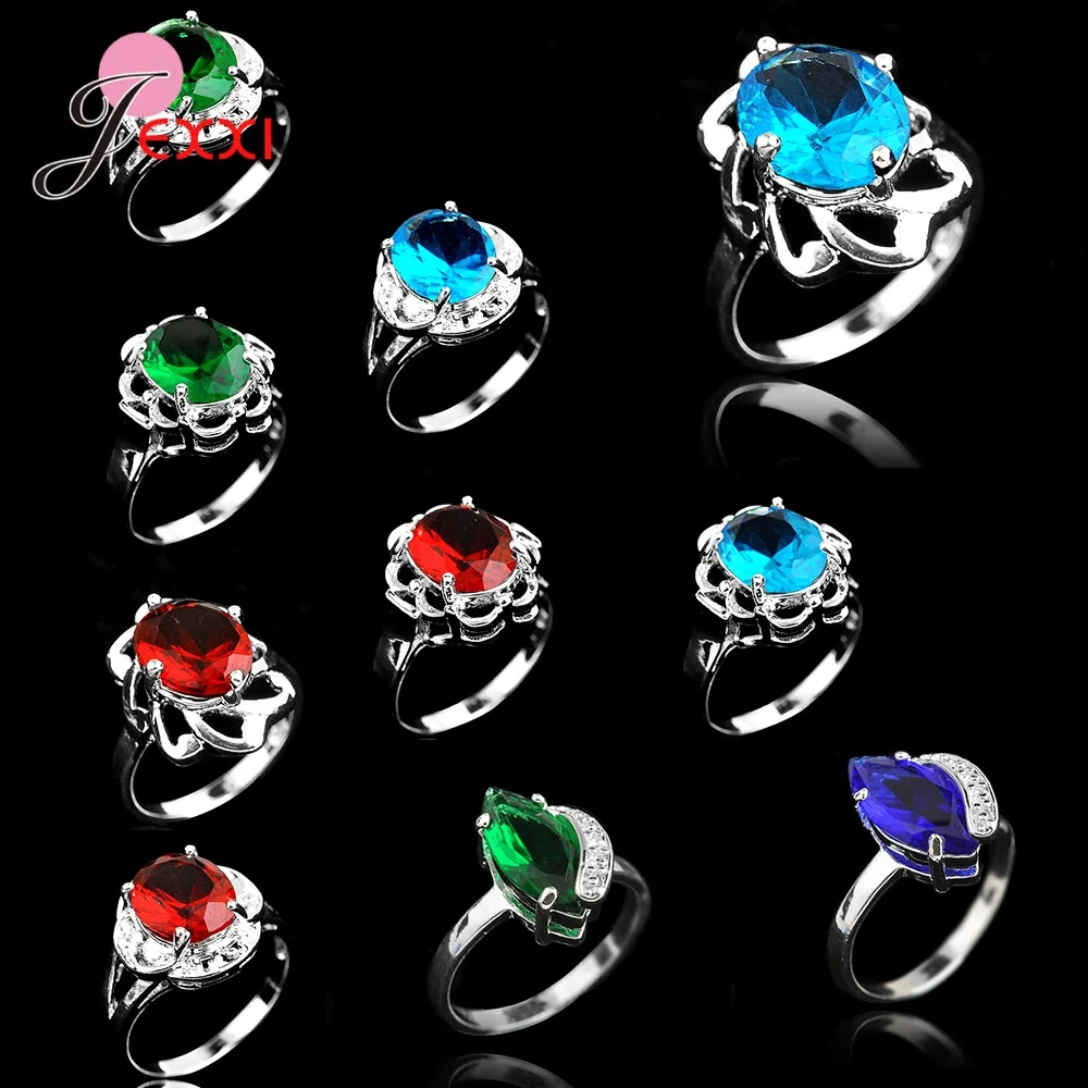 Hot Sale Women 925 Silver Needle Mixed Size Red Green Blue Color Wedding Party Finger Rings Jewelry 10pcs/lot Cheap Sale