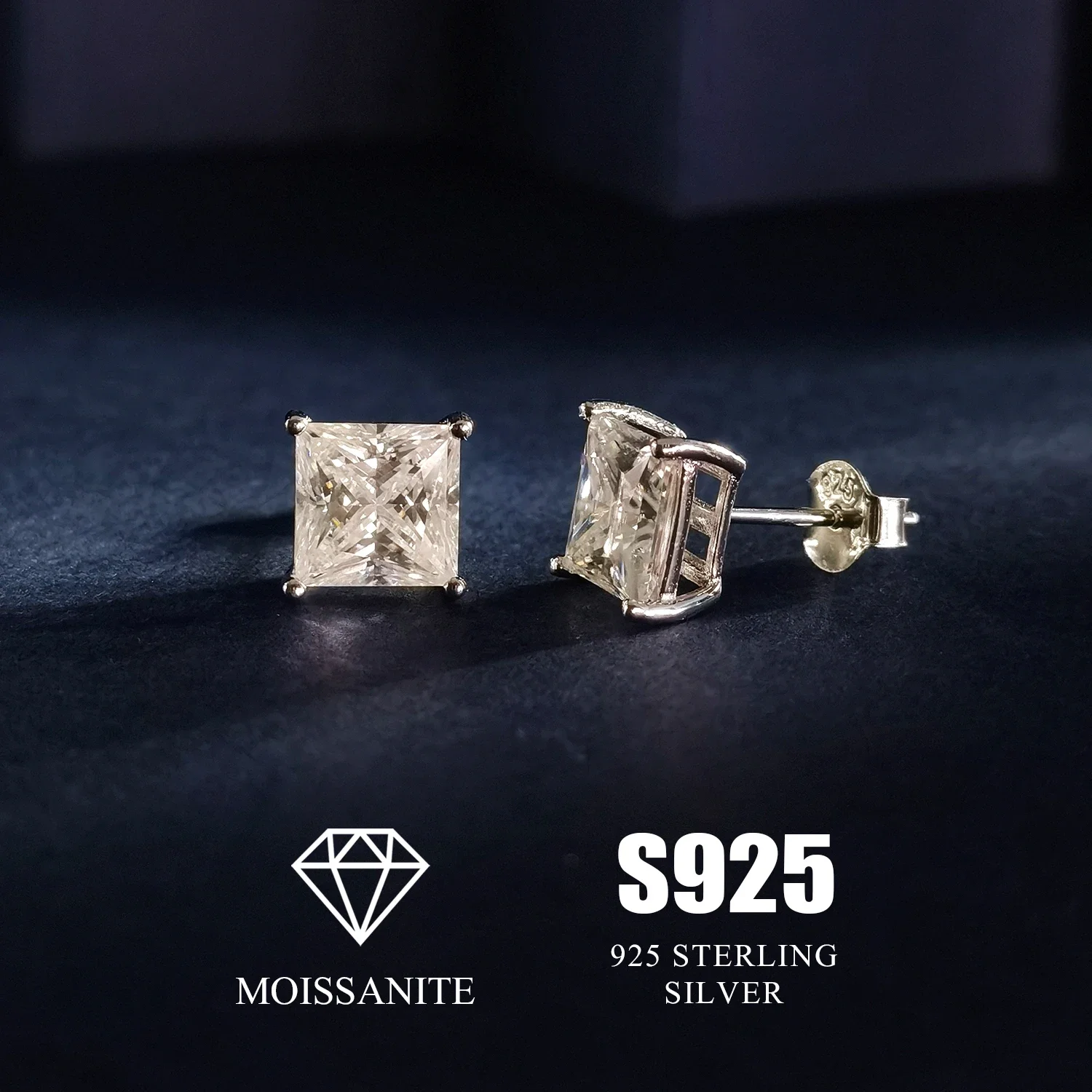 S925 Silver Stud Earrings Princess Cut Earring  Moissanite Earring for Women with Gra Certificate Engagement