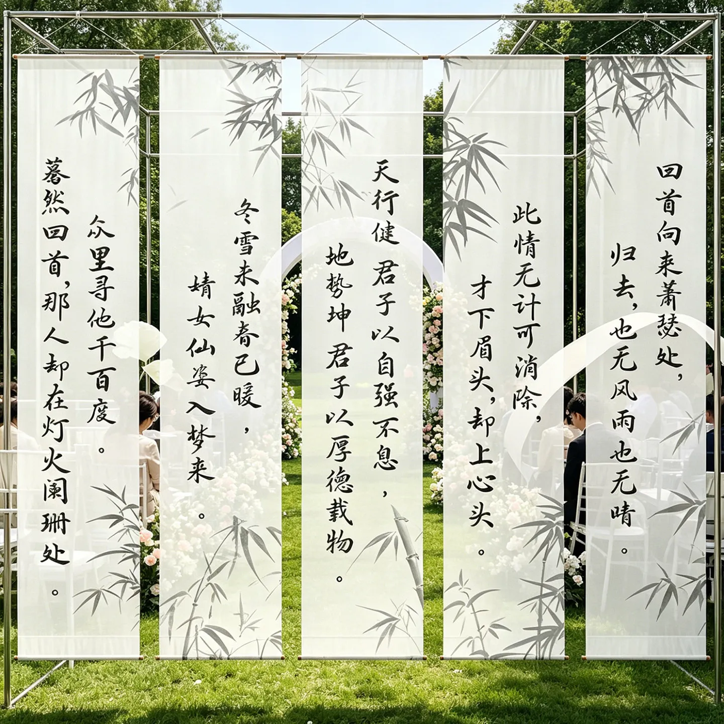 Chinese Ink Bamboo Poetry Gauze Drape – Semi Transparent Hanging Room Divider for Garden Wedding Backdrop & Outdoor Event Decor