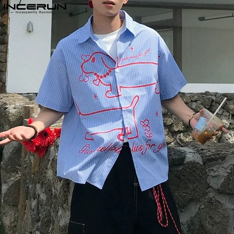 

INCERUN Мужская полосатая рубашка с принтом и лацканами с коротким рукавом, свободная повседневная мужская одежда, уличная одежда, модные мужские рубашки в корейском стиле, топы