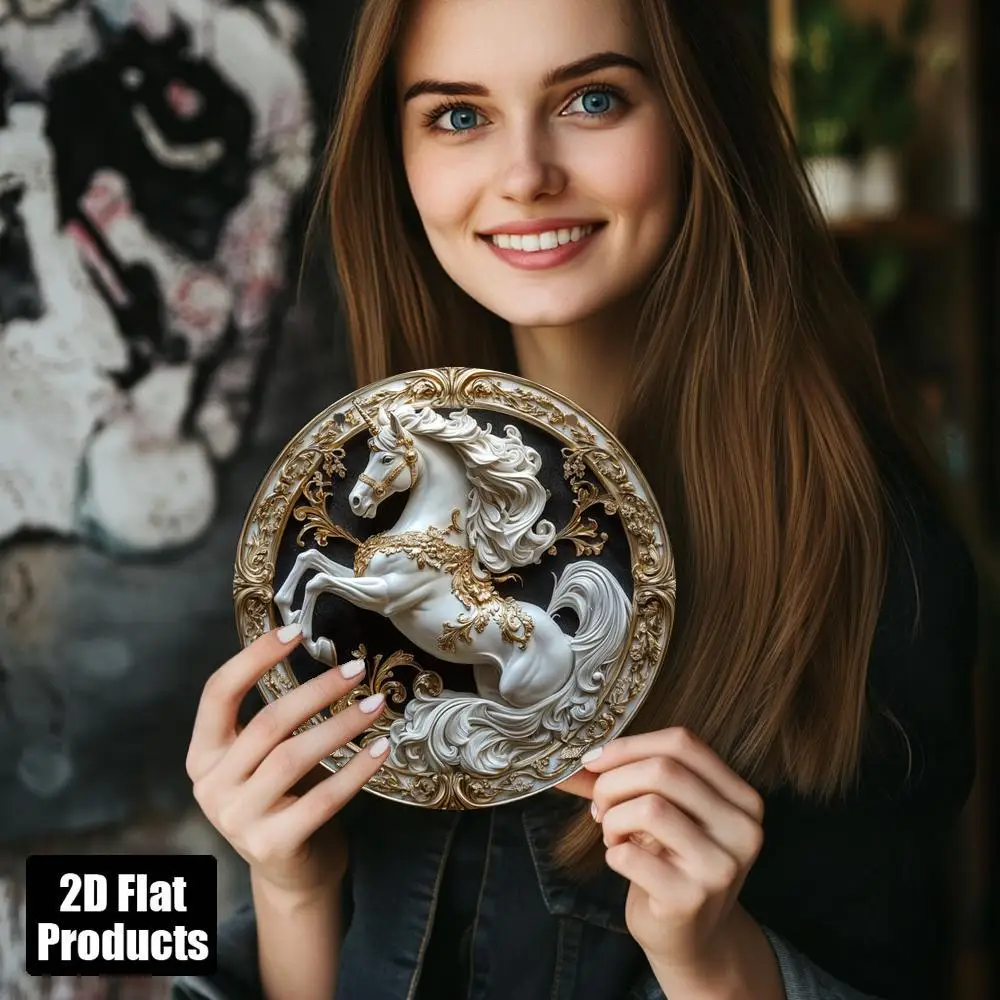 2D Flat Pendants, DROPS Finials, a Classic Luxurious Round Wooden Decorative Plaque with a Horse Theme (8*8In/20*20Cm), Wall Dec