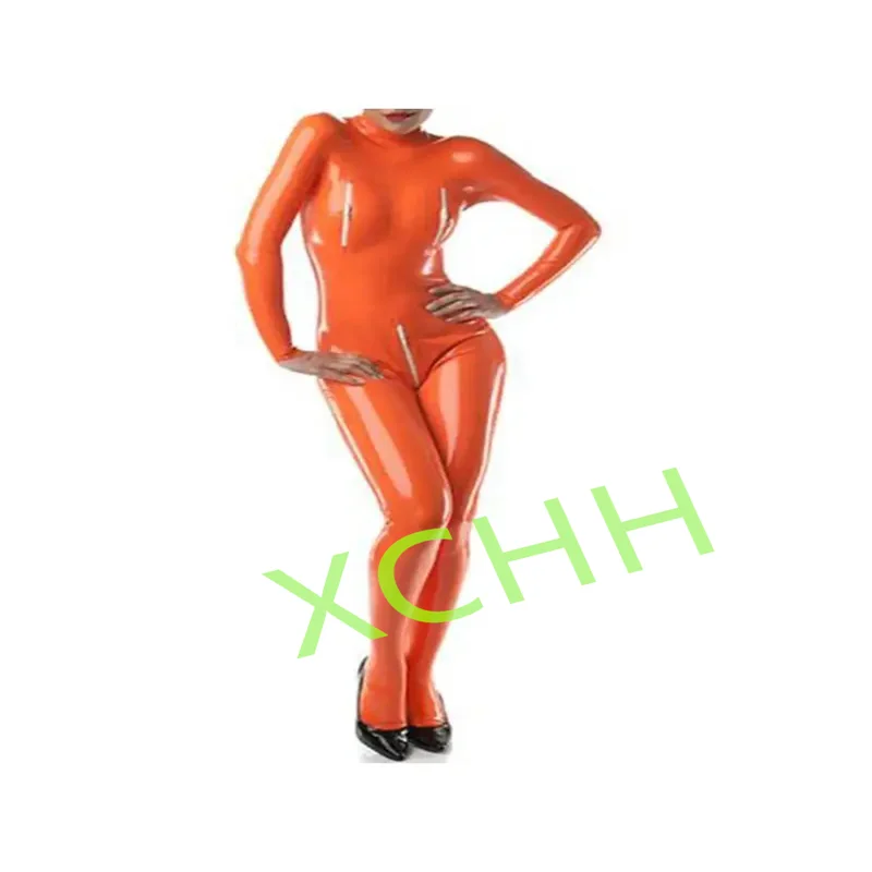 

Latex Catsuit Rubber Bodysuit Jumpsuits Orange with Breast Bust Back Crotch Zip Customized 0.4mm for Women Cosplay Costumes