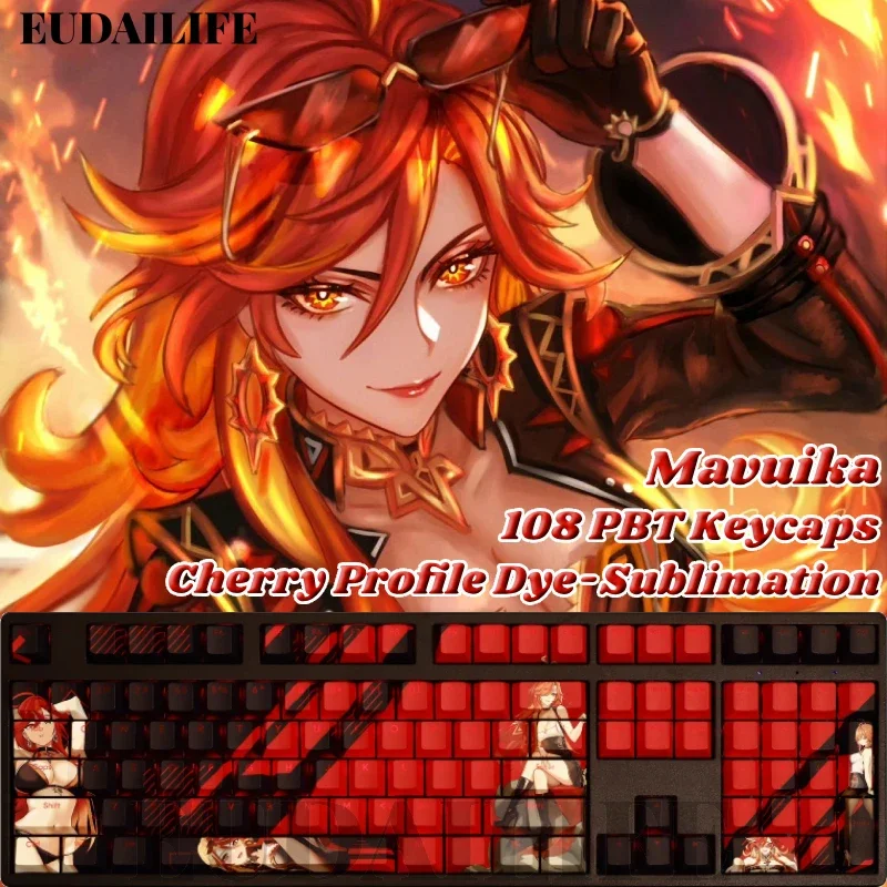 Mavuika 108 Keycaps Genshin Impact PBT DYE Sublimation Light Transmitting Cherry MX Cross Axis Switch for Mechanical Keyboard