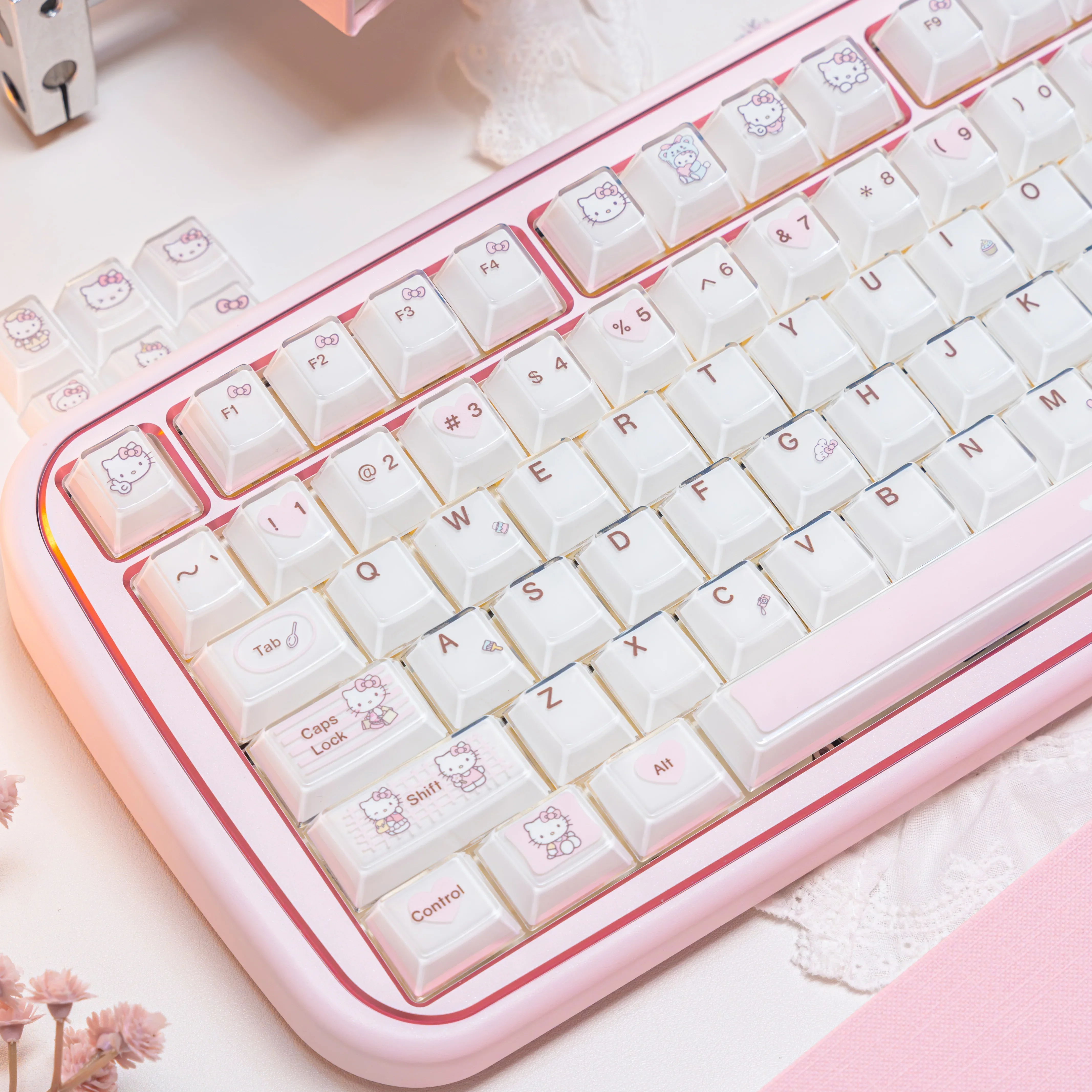 Kawaii Cute Sanrio Hello Kitty Crystal Keycaps Cherry Profile PBT+PC Double-shot Pink Keycap for MX Switches Mechanical Keyboard