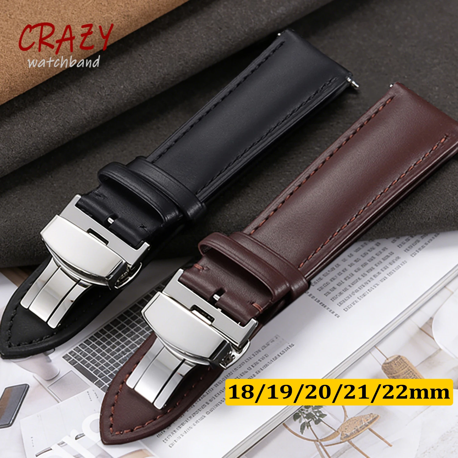 Premium-Uhrenarmband aus Kalbsleder, 18/19/20/21/22 mm, universell für Seiko, für Tudor, für Casio, Ersatzarmband mit Schmetterlingsverschluss