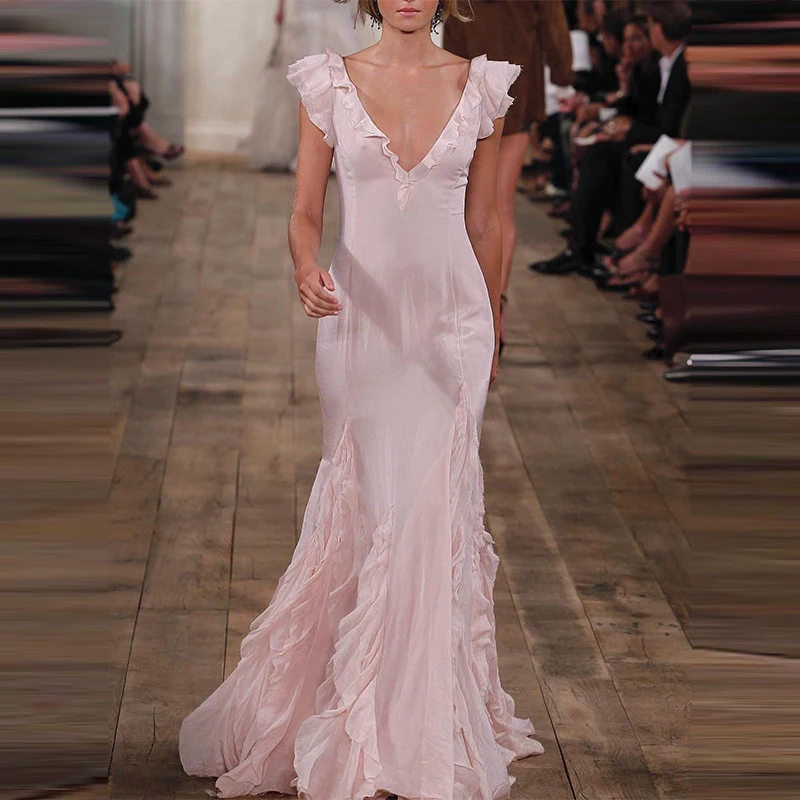 Abito lungo a vita alta con design a volant rosa Abito estivo da donna con scollo a V senza maniche Abito avvolgente elegante abito da sera slim fit Vestidos