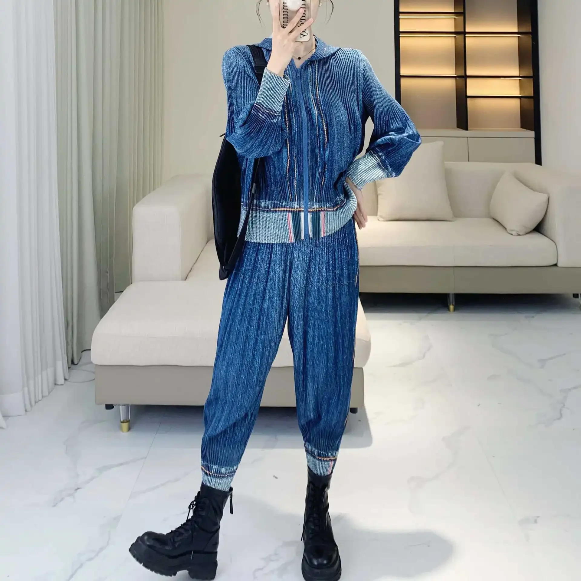 Pleats Pleated Trouser Set High End Fashion Frayed Denim Suit 2024 Fall New Pressed Long Sleeve Two Piece Set Women Clothing