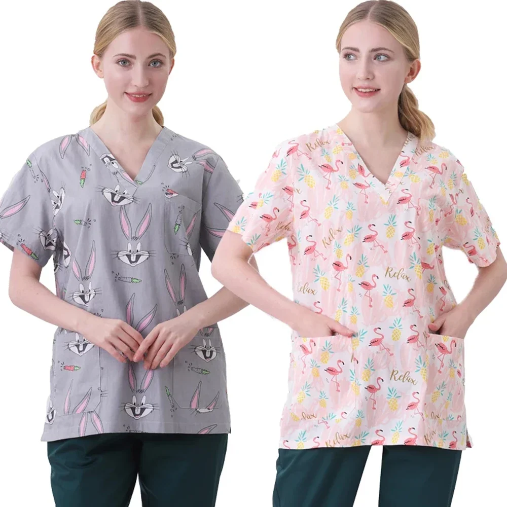 Cartoon Printed Hand Wash Scrub Top Nurse's Wear Women's V-neck Short-sleeved T-shirt Top Scrub Overalls Medical Doctor Blouses