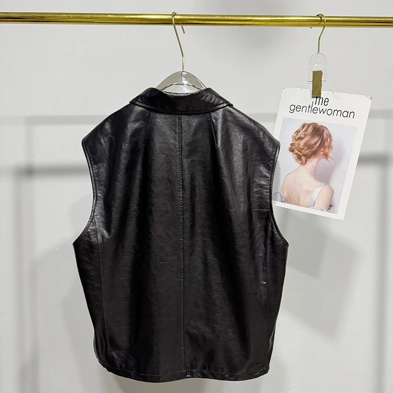 Fashion Sheepskin Vest Spring Autumn Women Lapel Single-Breasted Drawstring Loose Sleeveless Jacket Oil Wax Leather Gilet Trend