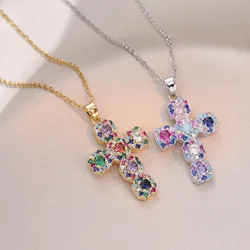 Fashion Inlaid with Colorful Zircon Cross Pendant Necklaces for Women Girls Stainless Steel Romantic Jewelry Accessories Gifts