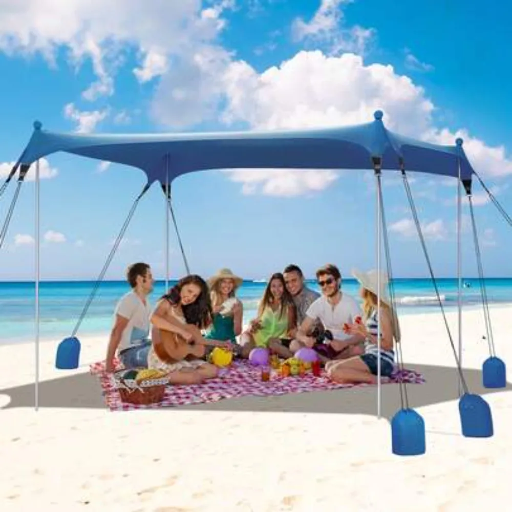 Carpa de Playa Resistente con 8 Bolsas de Arena, Protección Solar UPF 50+, Refugio a Prueba de Viento, Tela Elástica de Lycra, Fácil de Instalar, para Reuniones al Aire Libre, Campamentos, Viajes, Sombrilla Portátil, Cabaña Plegable con Bolsas de Arena para 8-10 Personas