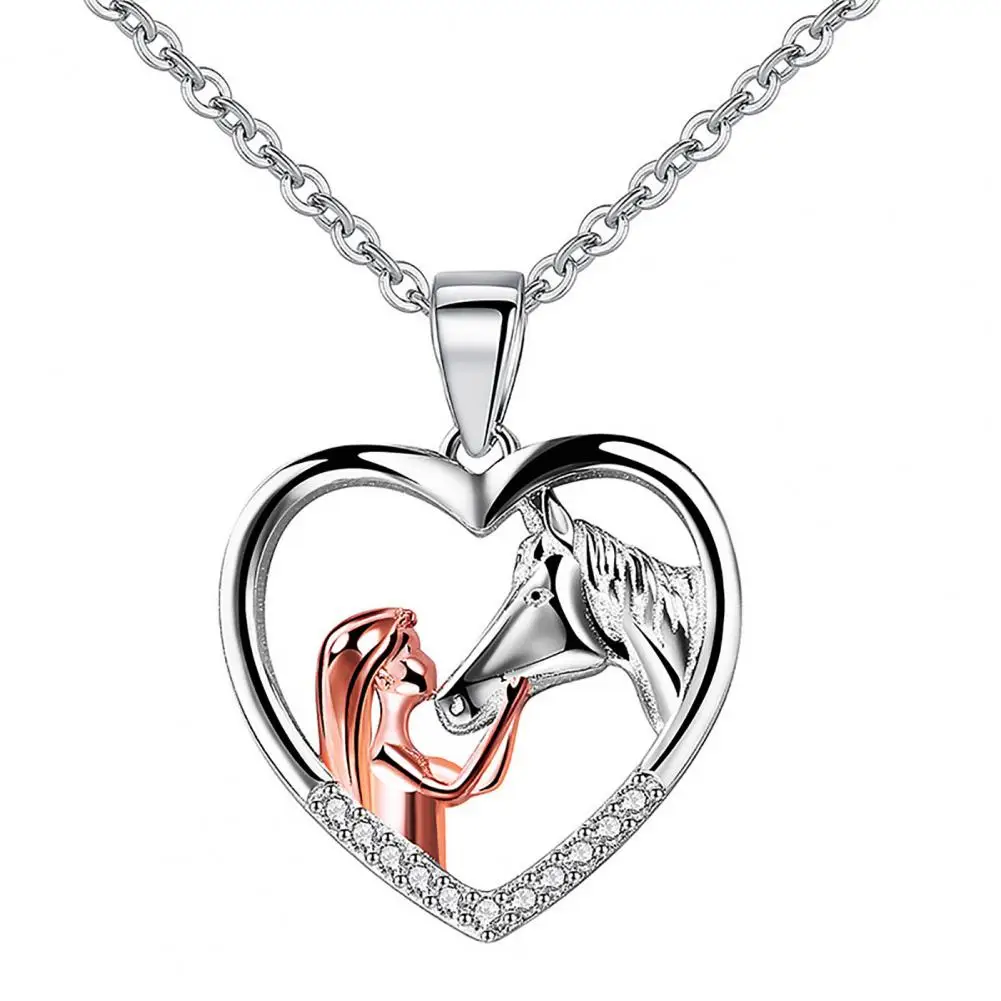 Necklace Chain Personality Color Matching Inlaid Rhinestone Girls And Horse Love Heart Pendant Necklace Jewelry Accessory