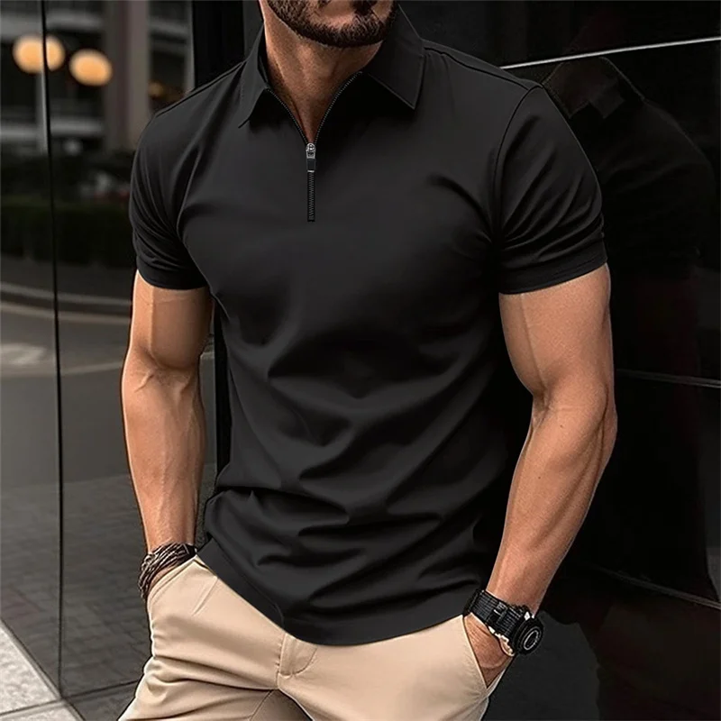 Men's Stylish Half-Zip Collar Polo Shirt, Black Slim Fit Short-Sleeved Top, Business Casual and Versatile, Available in 8 Colors