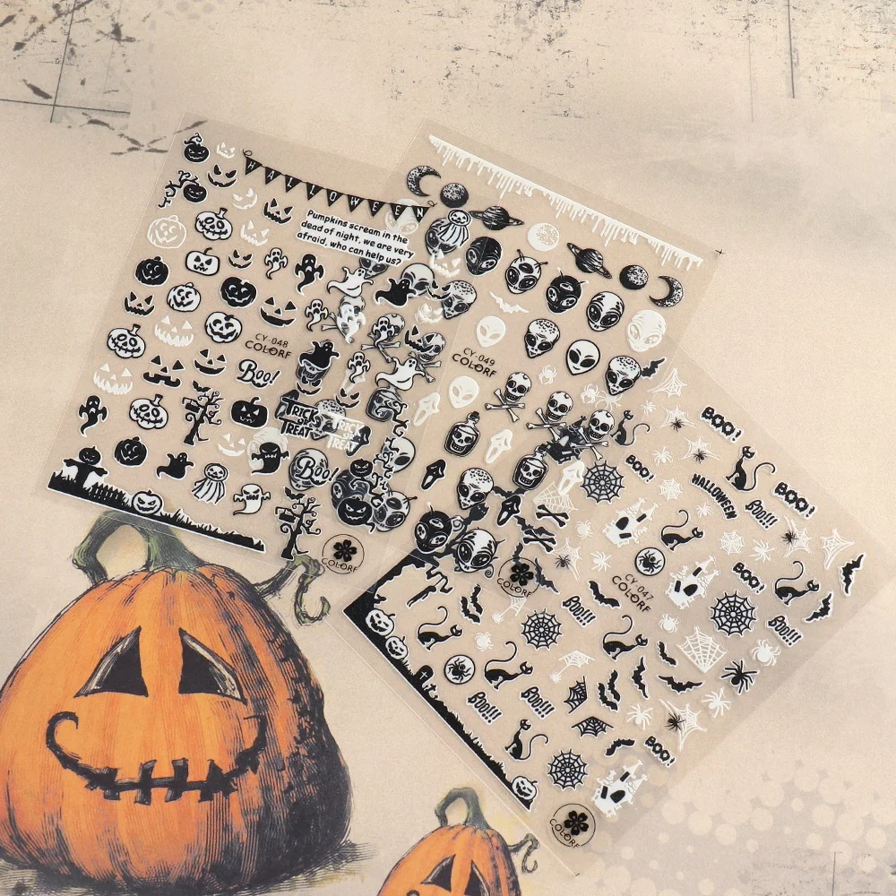 1 foglio di adesivi luminosi per unghie per la decorazione della festa di Halloween teschio orribile 3D autoadesivo incandescente al buio decalcomanie per Nail Art