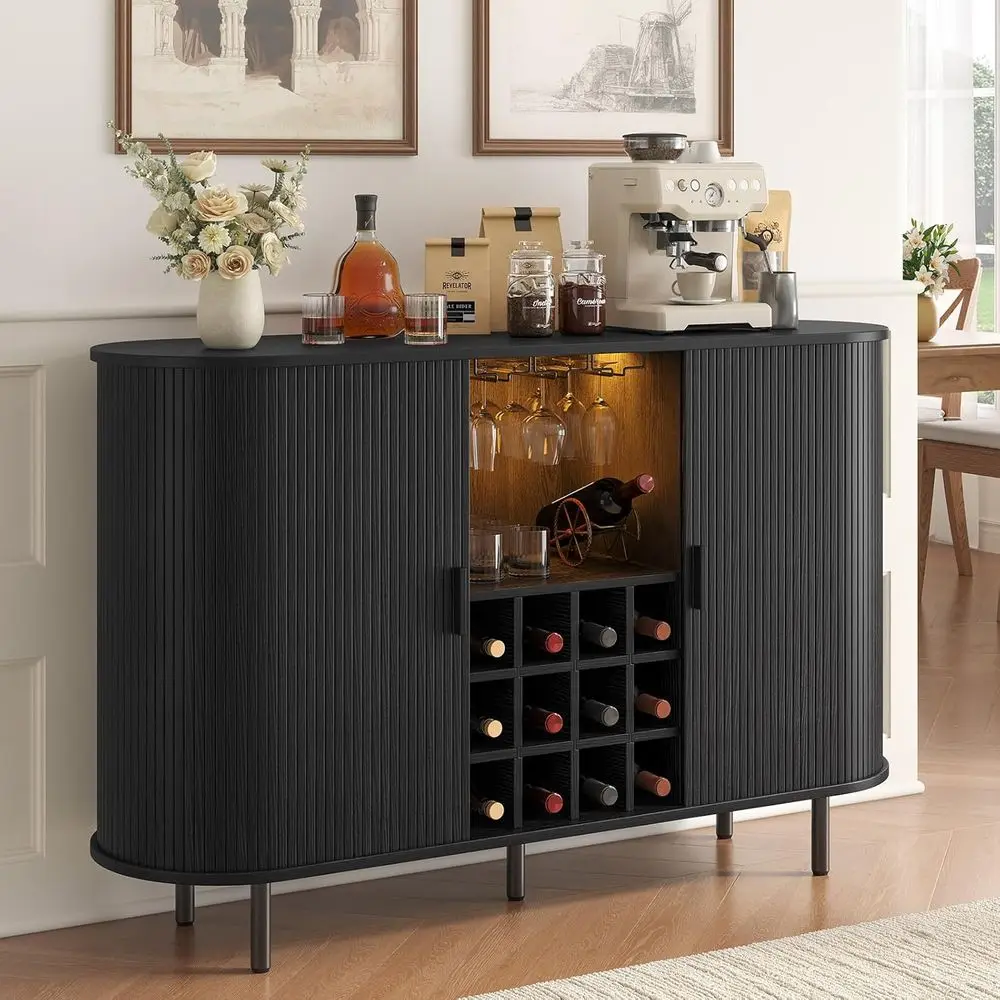 

Mid-Century Modern 55 Fluted Wine & Liquor Cabinet with LED Lighting and Charging Station for Kitchen Storage