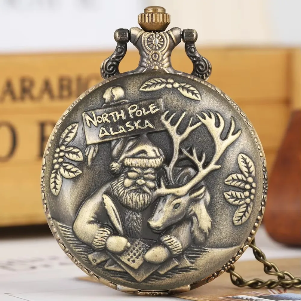 Bronze Christmas Pocket Watch Santa Claus Reindeer Embossed Quartz Movement With Chain Retro Vintage Pendant Gift Watch
