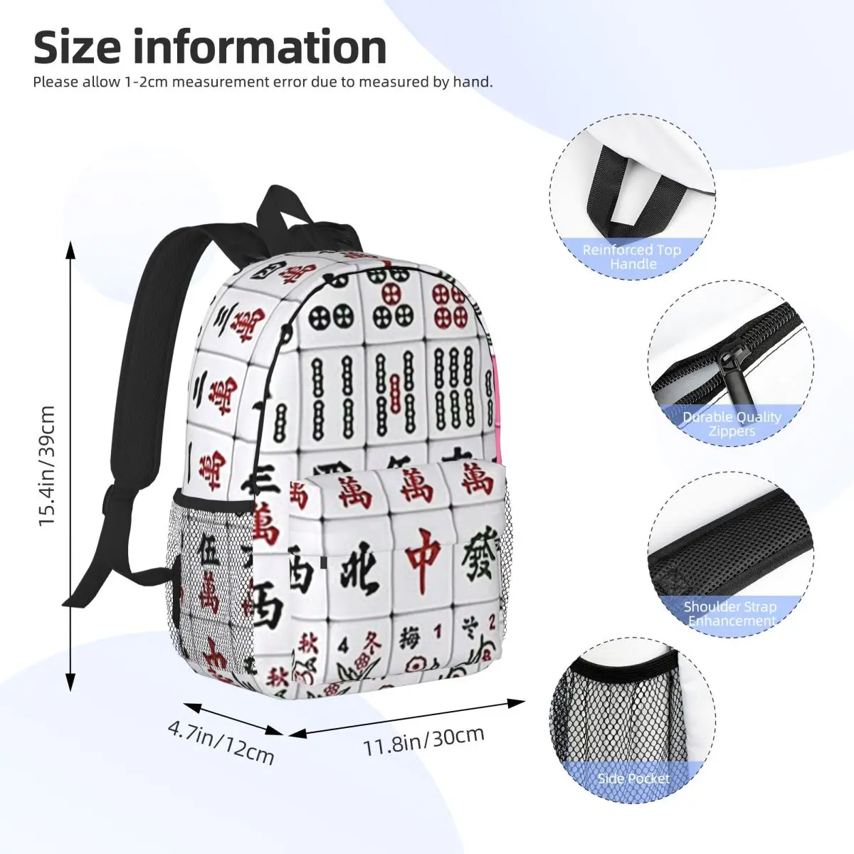 Mahjong Tile Pattern Backpack Student Boys Girls BookBag Men Women School Bag Computer Shoulder Bags