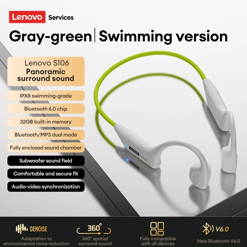 Choice Lenovo S106 Bone Conduction Earphone Wireless MP3 Headset Bluetooth 6.0 IPX8 Waterproof Headphones For Swimming Running