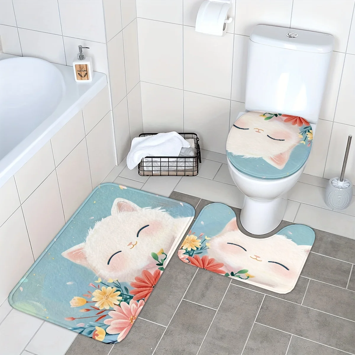 Cute Smiling Cat Bathroom Set - Soft and Non Slip Contour Mat, Toilet Lid, and Bath Mat, Comfortable Home Decor