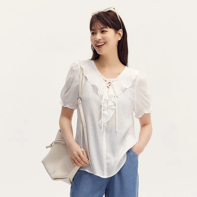 Semir White Short-Sleeved Blouse Women Gentle Vacation-Style With Bubble Sleeves 2024 Summer New Ruffled Hem Tie Detail