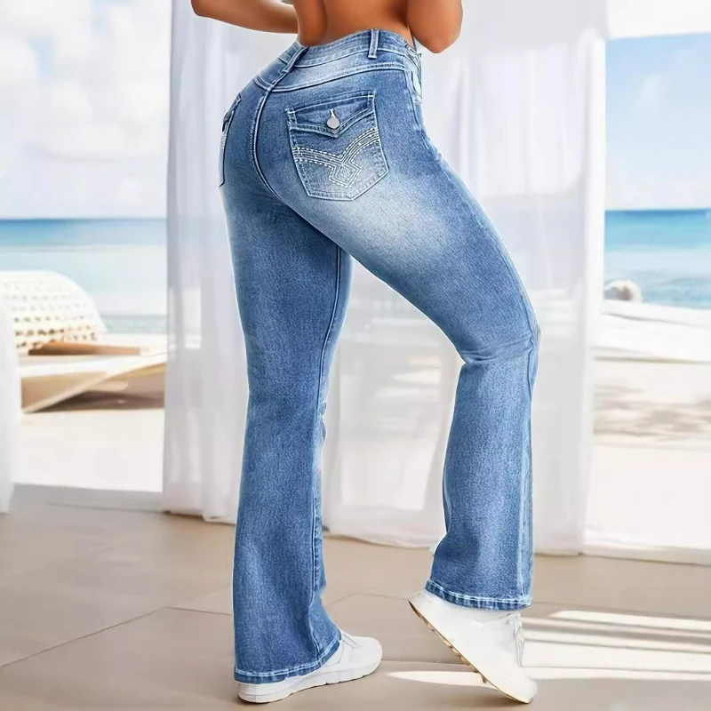 Spodnie bootcut jeansy damskie średni stan kieszenie sprane obcisłe spodnie streetwear casual łączone spodnie dżinsowe jesień lekko elastyczne