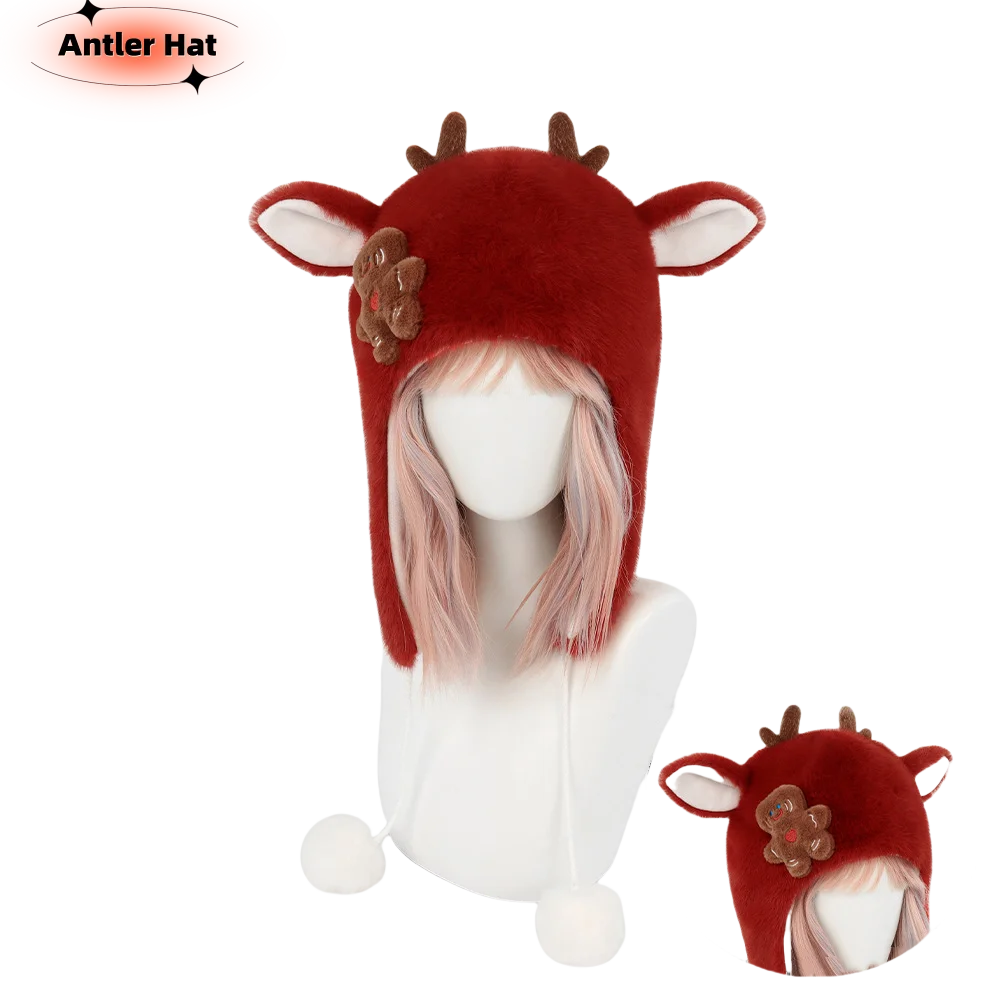 

Новая милая шапка-пуловер ручной работы, рождественская бархатная шапка с рогами, осенне-зимняя вязаная шапка с помпоном, теплая защита ушей, 7 цветов