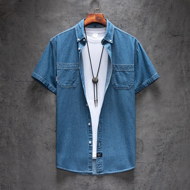 2023Men's Blue Denim Shirts Short Sleeve Jean Shirts New Summer High Quality Men Cotton Light Blue Denim Shirts Plus size M-4XL