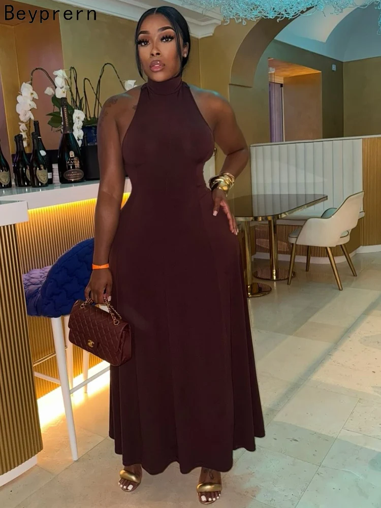 Beyprern Sexy femmes licou cou sans manches moulante robe Maxi dames dos nu formelle fête soirée longue robe