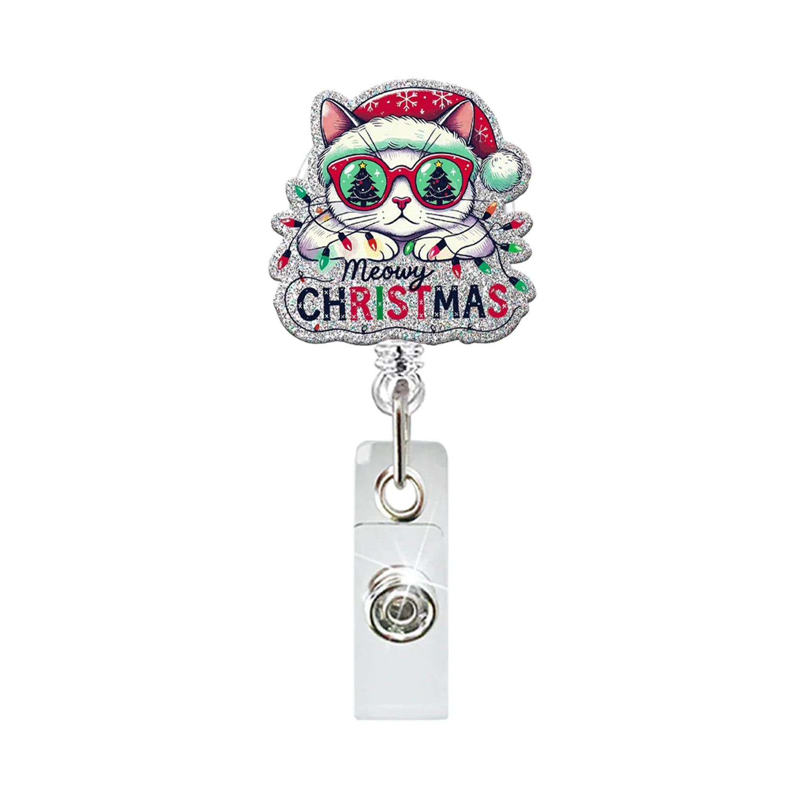 Retractable Id Badge Reel Convenient Christmas Badge Holder Glitter Acrylic Badge Clip Personalized For Doctors Teachers Schools