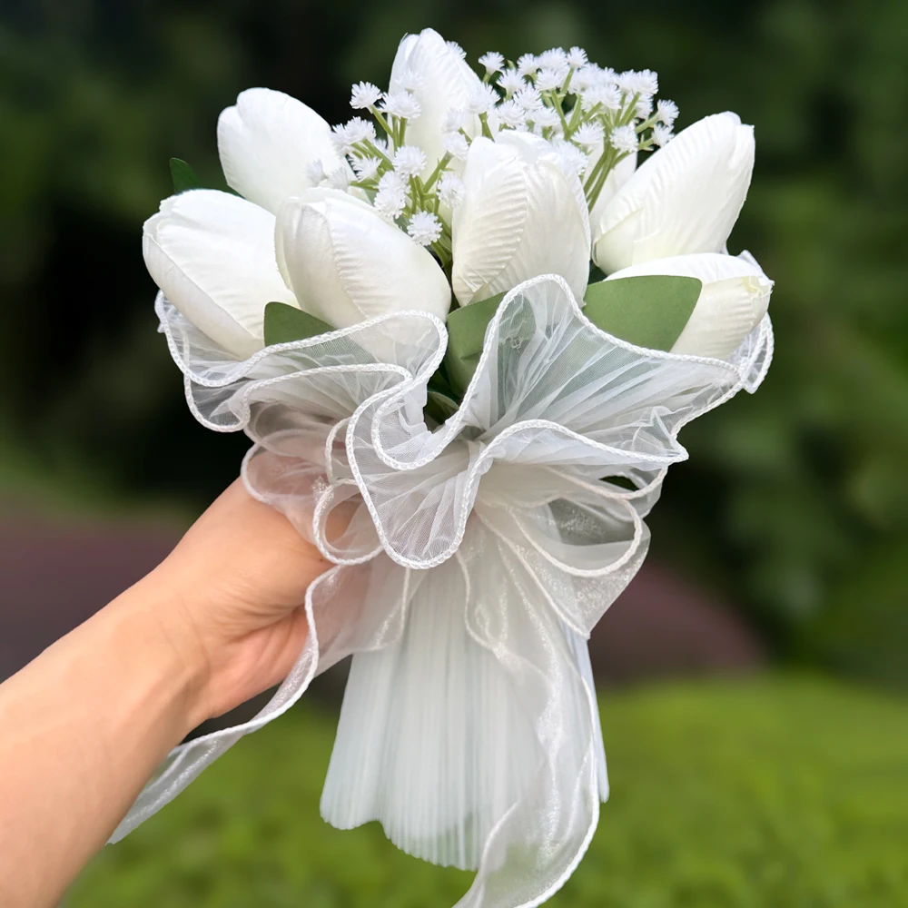 White Tulip Bridal Bouquet Bridesmaid Bouquet, Artificial Flower with Gypsophila and Organza Bow for Wedding Photography