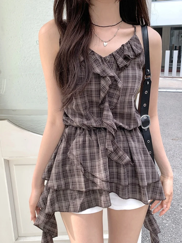 Summer New Vintage Women's Plaid Ift Dr Irregular Hemline Layering Strap Dres Regular Thin Commute Sle