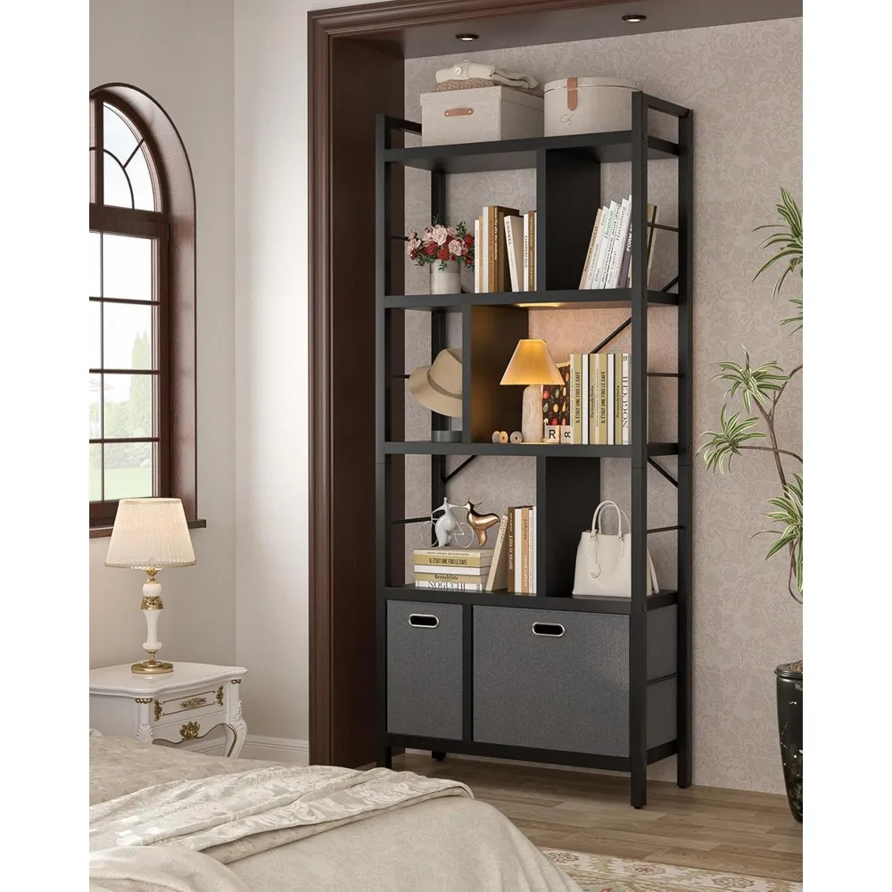 Современная книжная полка с 5 полками и ящиками для хранения — высокая подставка для книг и декора