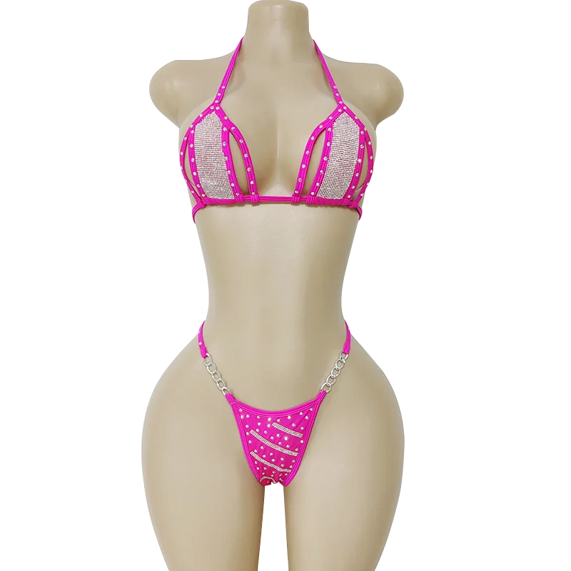 

Custom Nylon Silver Chain Female Bikini Top Exotic Dancewear Stripper Outfits Rhinestones Thong for Sexy Women Ballroom