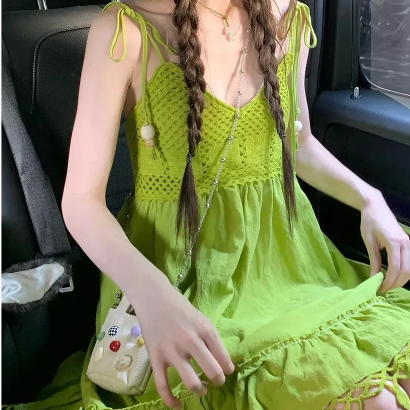 2025 Women's New Summer Suspender Dress Avocado Green Knitted Hollow Draped A-line Dress Fresh and Sweet Seaside Vacation Skirt