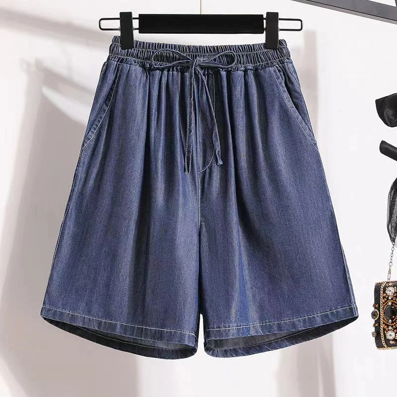 Women Black Short Jeans Pant 2024 Summer Drawstring Bandage Elastic Waist Loose Straight Blue Casual Streetwear Denim Shorts New