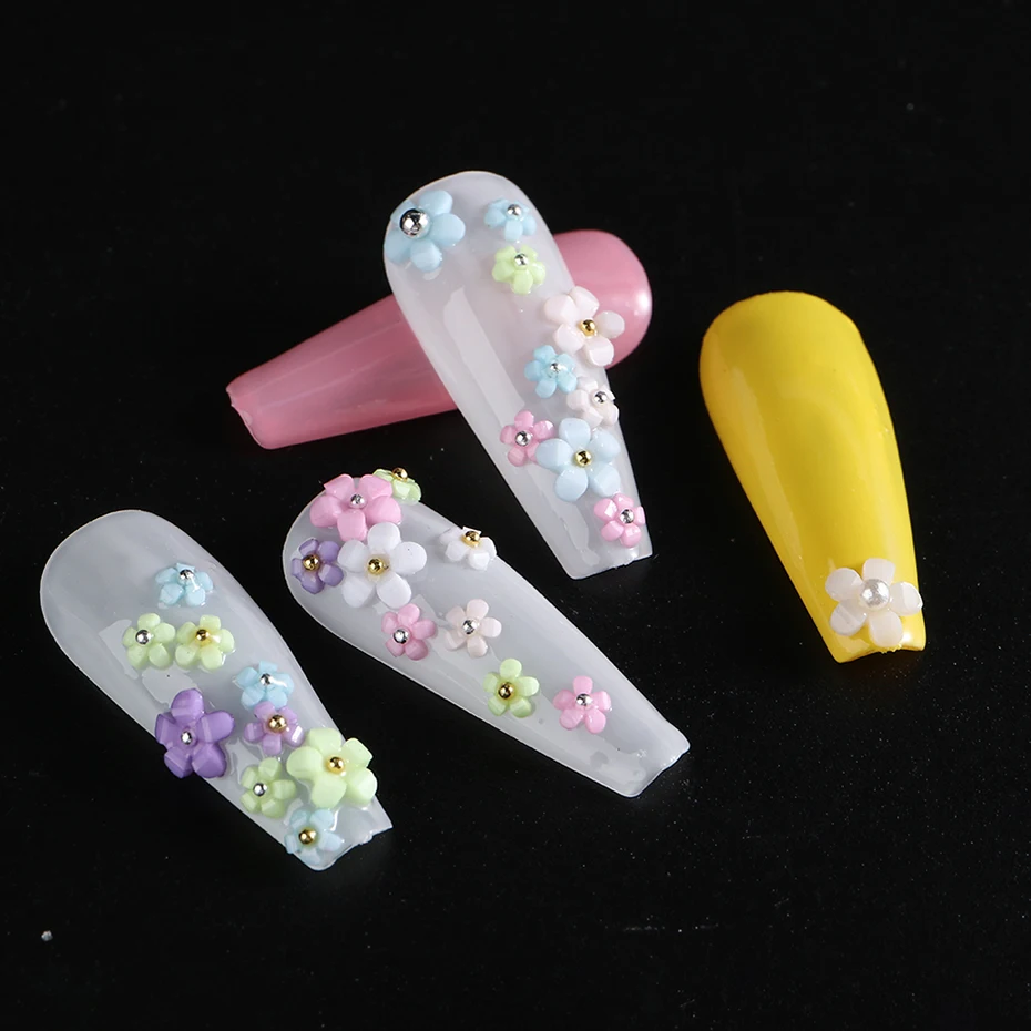 6 Grids Macaron 3D Resin Five-petal Flowers Nail Art Deaoration Mixed Small Nail Ball/Crystal/Flamer Accessories