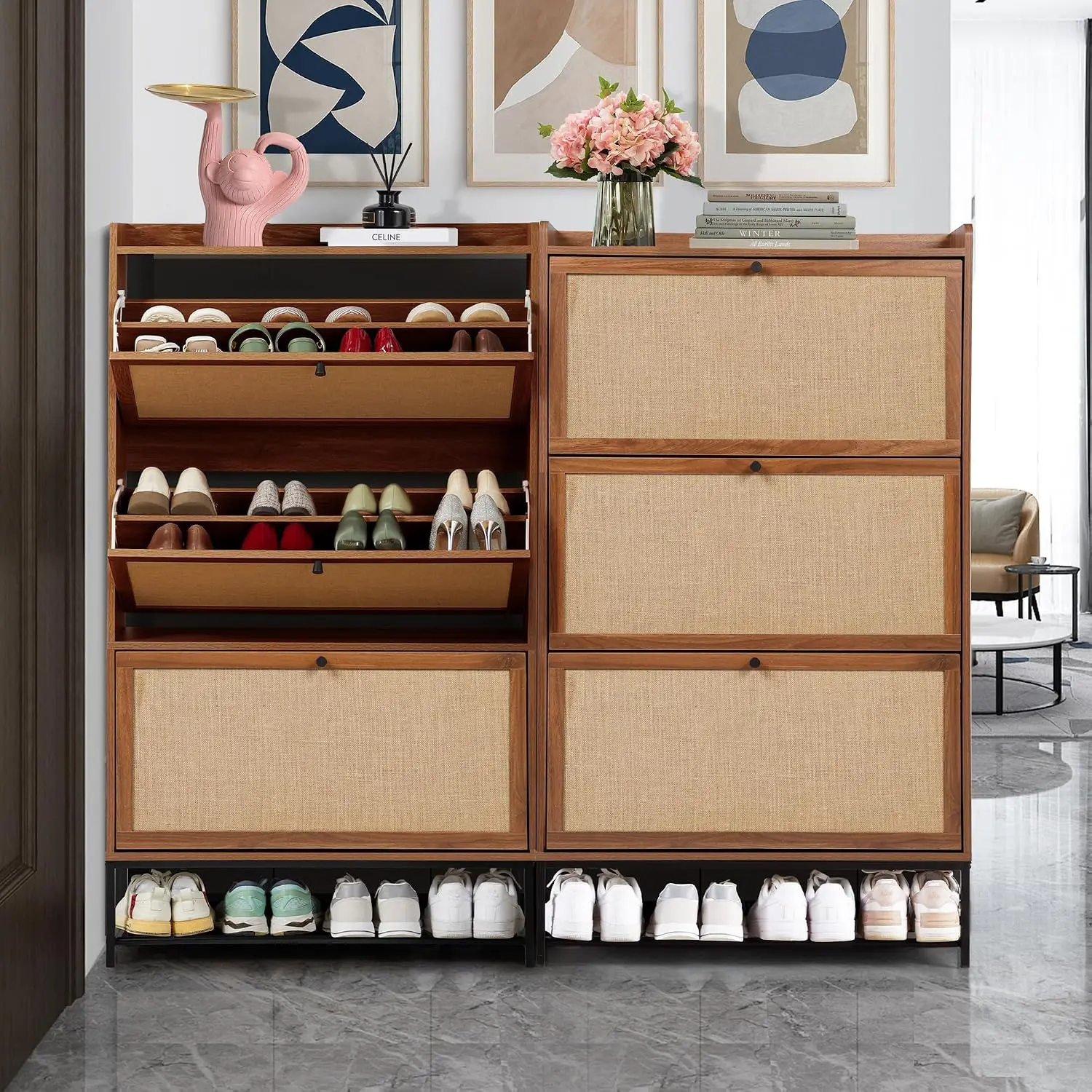 Slim Shoe Cabinet 3 Flip Drawers Narrow Storage 4 Tier Freestanding Organizer Entryway Hallway Walnut, Customized