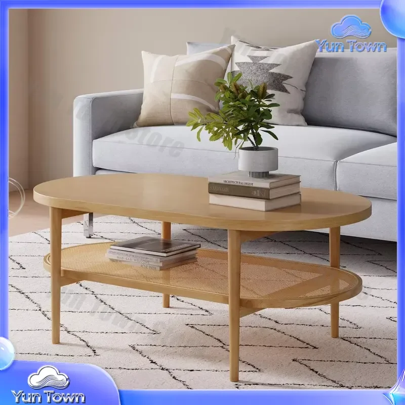 Light Wood Rattan Coffee Table for Living Room Double Wooden Decorative Table with Open Storage for Modern Home Furniture