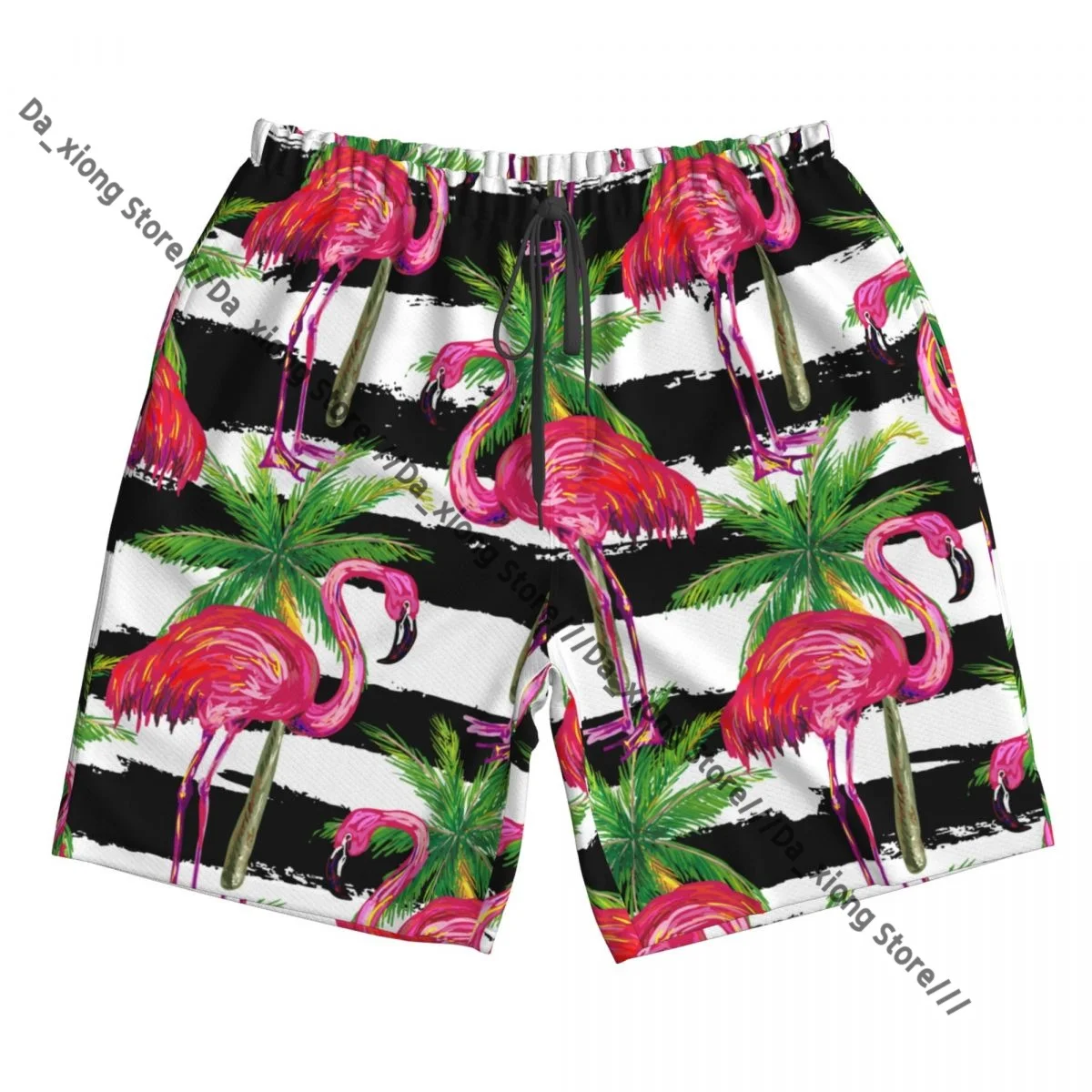 Strandkorte zwemshort voor heren Exotische roze flamingo Vogels en palmbomen Surfen Sport Boardshorts Zwemkleding