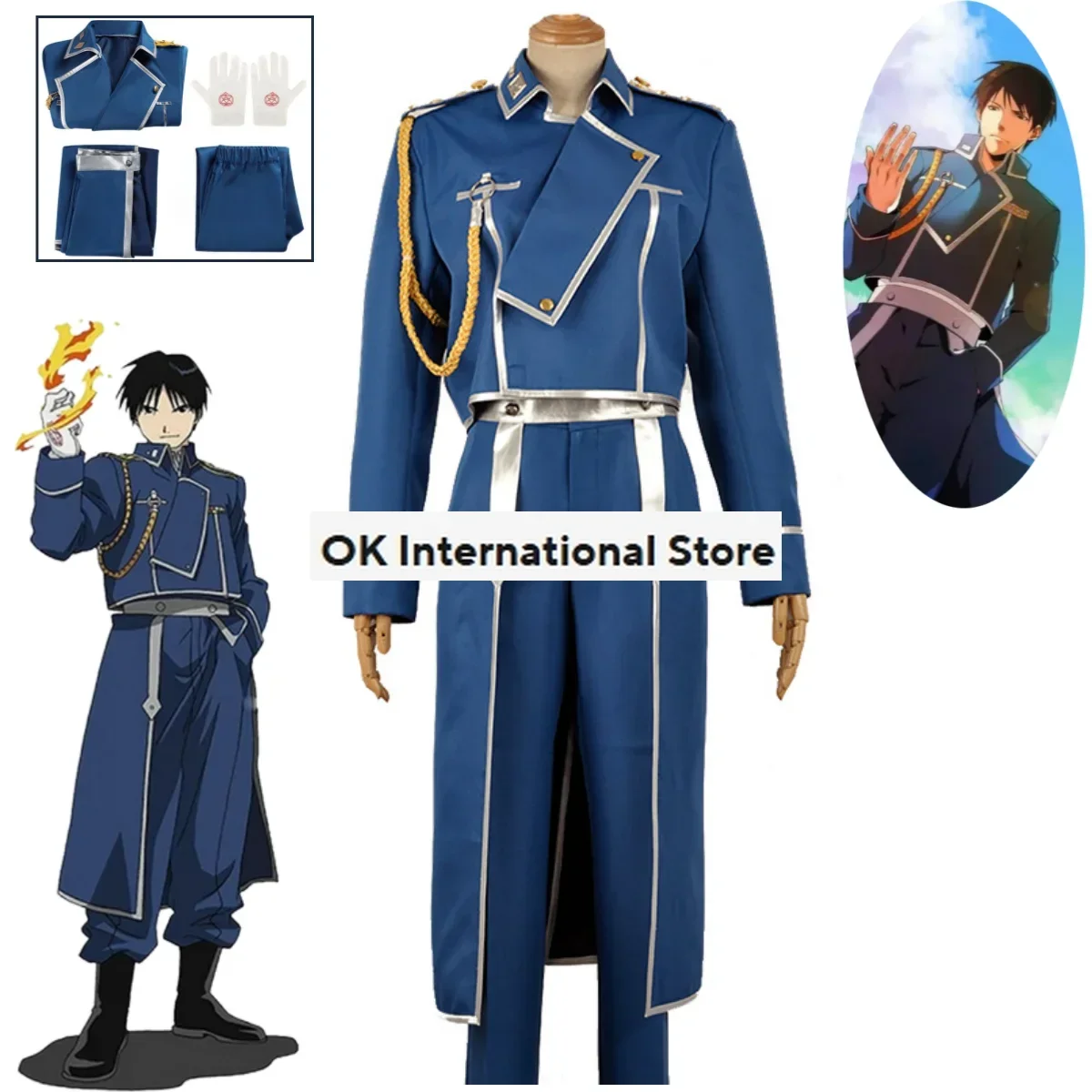 

Anime Fullmetal Alchemist Roy Mustang Setelan Kostum Cosplay Medieval Military Suit Coat Jacket Glove Halloween Party Set