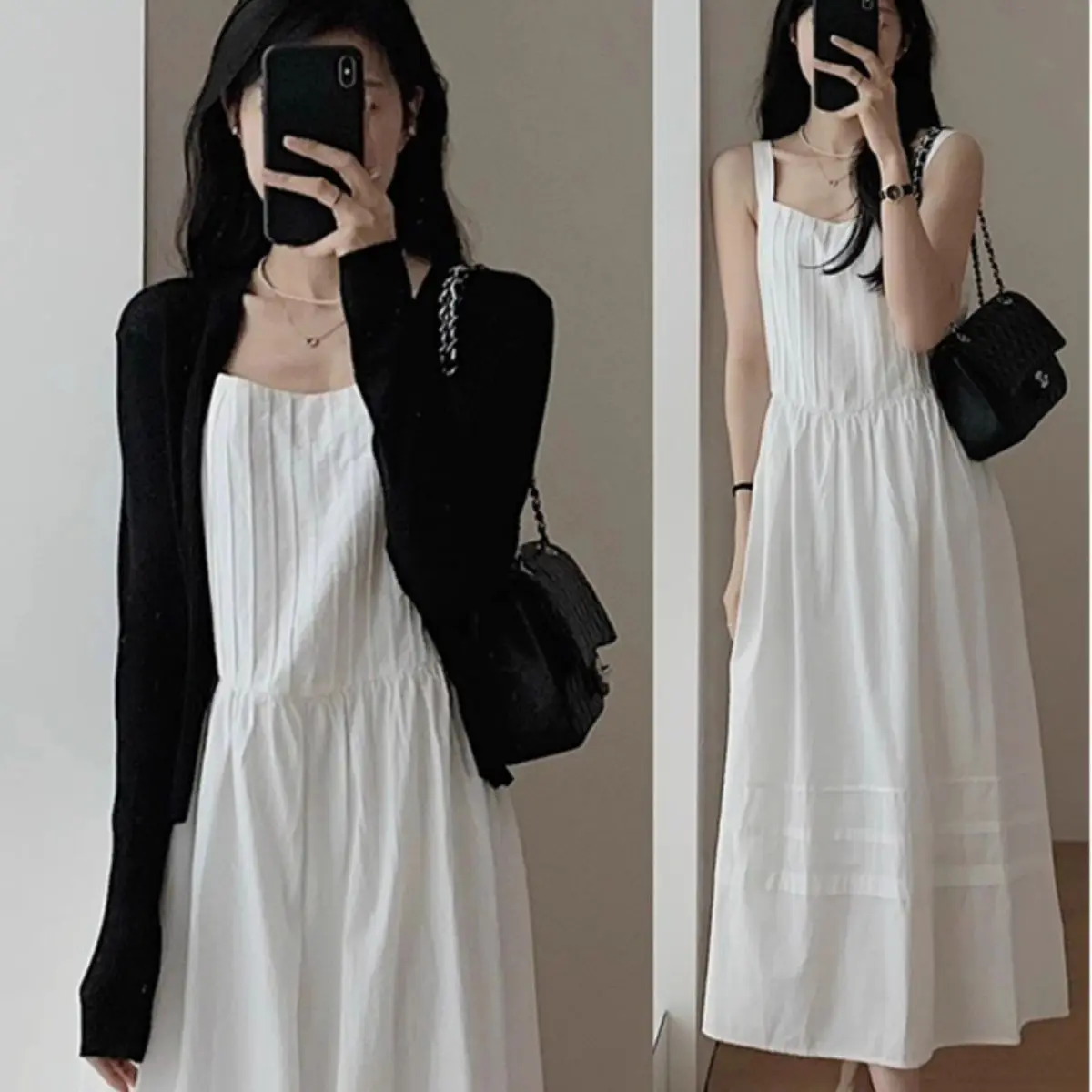 White Summer Belted Dress Women's Fashion Slimming Korean Style Tea Break Long Skirt Square Collar Gentle High End