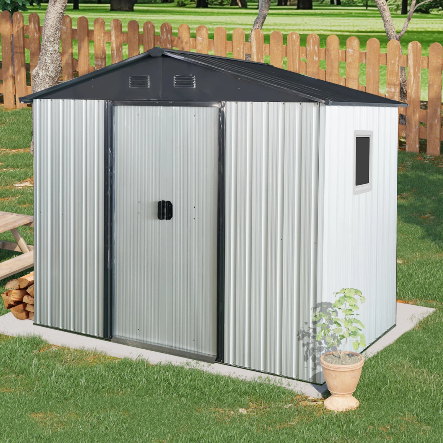 Metal Storage Shed with Window and Metal Foundation for Outdoor - White/Black